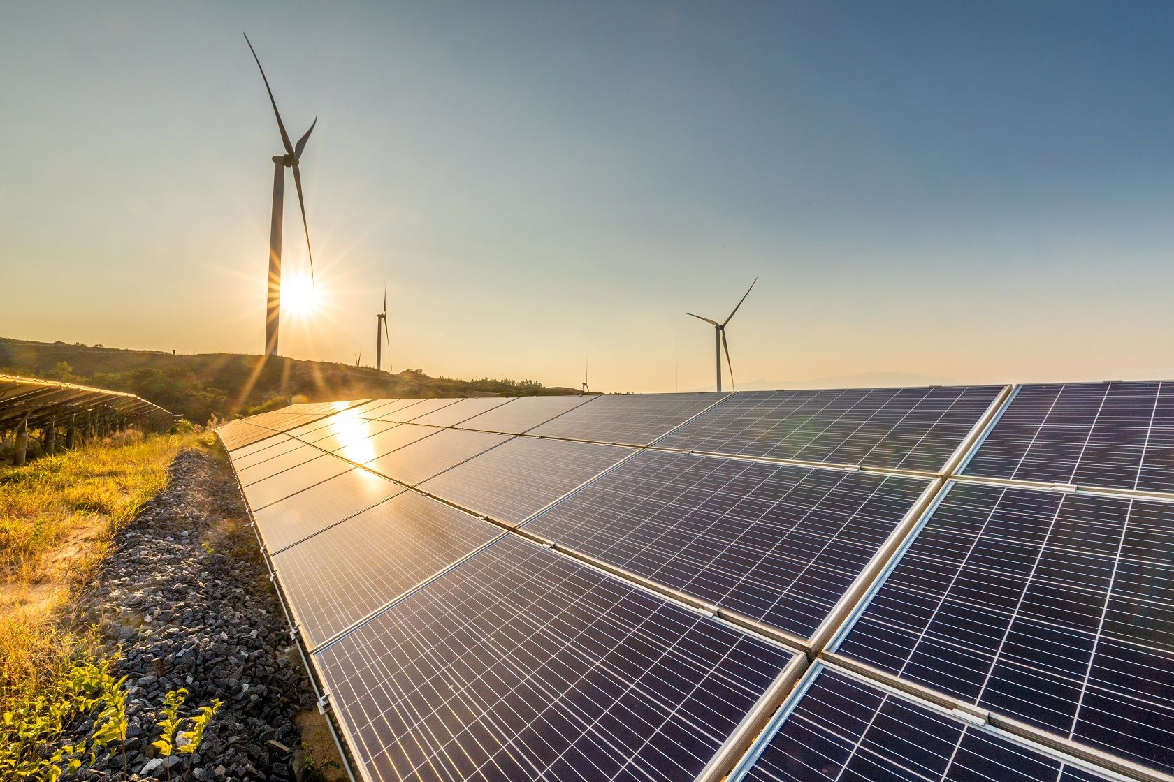 Solar panels and wind turbines in a sunny field